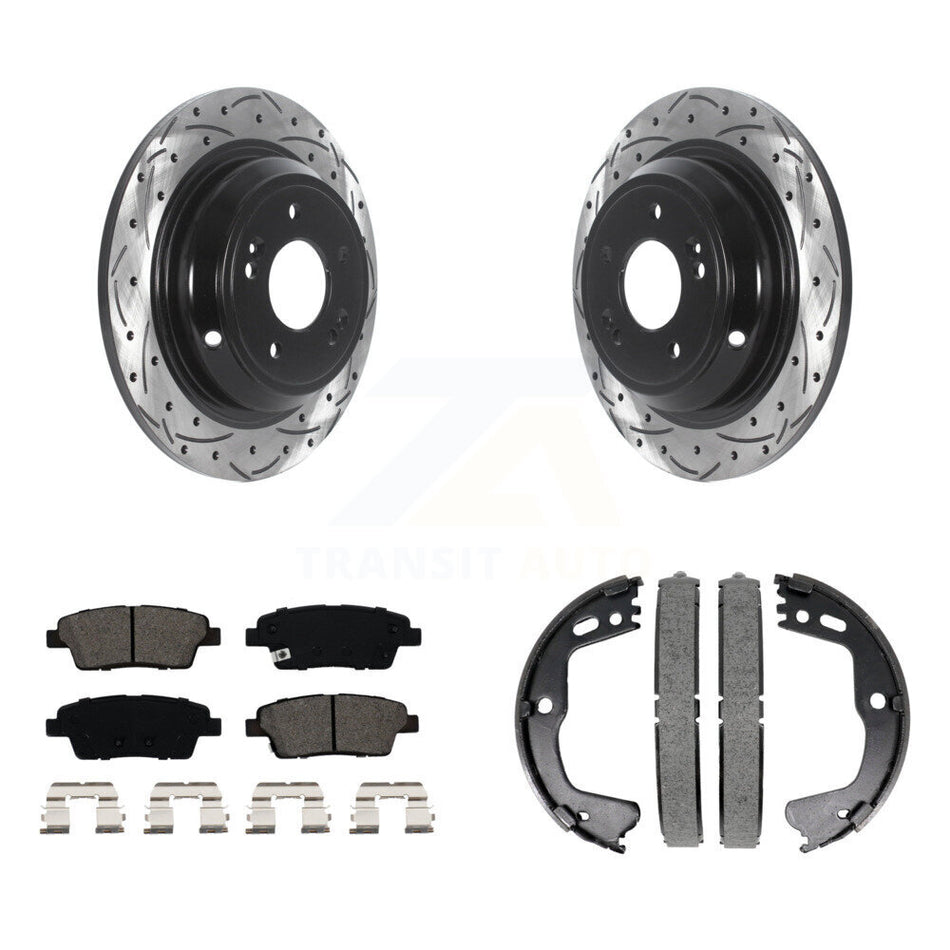 Rear Disc Drilled & Slotted Rotors Semi-Metallic Pads Parking Shoes Kit For Hyundai G80 KDS-101225