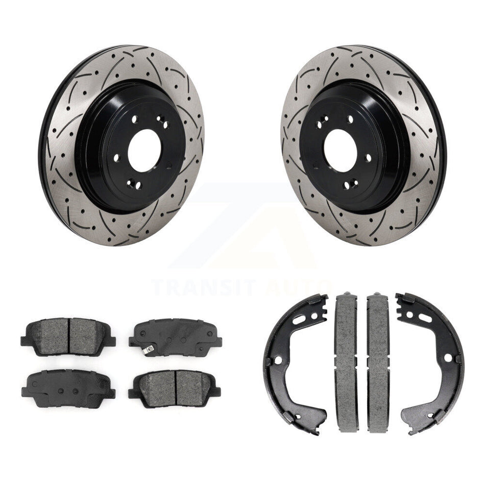 Rear Disc Drilled & Slotted Rotors Semi-Metallic Pads Parking Shoes Kit For Genesis G80 KDS-101226
