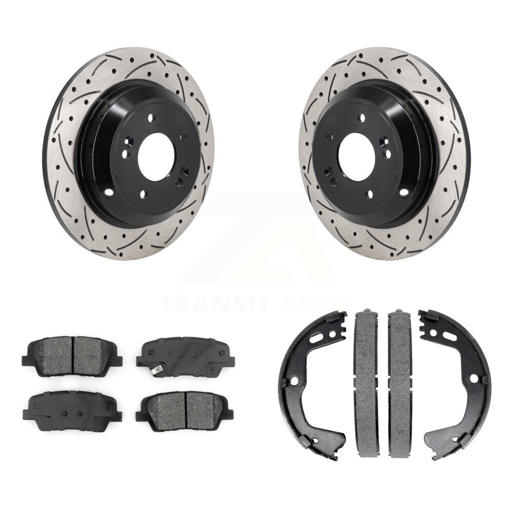 Rear Disc Drilled & Slotted Rotors Semi-Metallic Pads Parking Shoes Kit For Kia Stinger KDS-101227