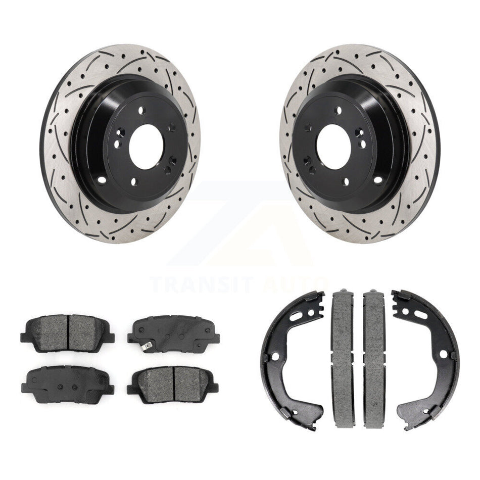 Rear Disc Drilled & Slotted Rotors Semi-Metallic Pads Parking Shoes Kit For Kia Stinger KDS-101227
