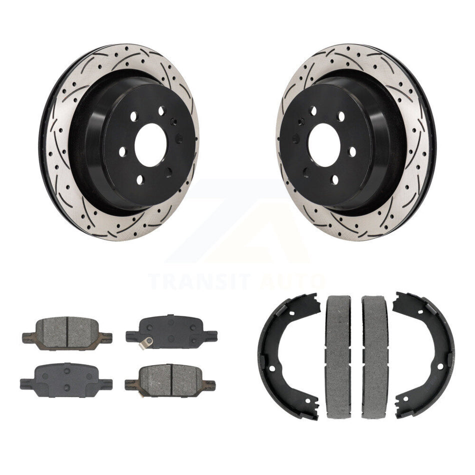 Rear Disc Drilled & Slotted Rotors Semi-Metallic Pads Parking Shoes Kit For Chevrolet GMC KDS-101232