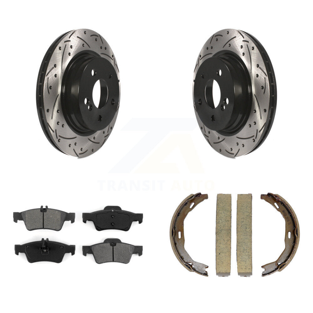 Rear Disc Drilled & Slotted Rotors Semi-Metallic Pads And Parking Brake Shoes Kit For KDS-101239