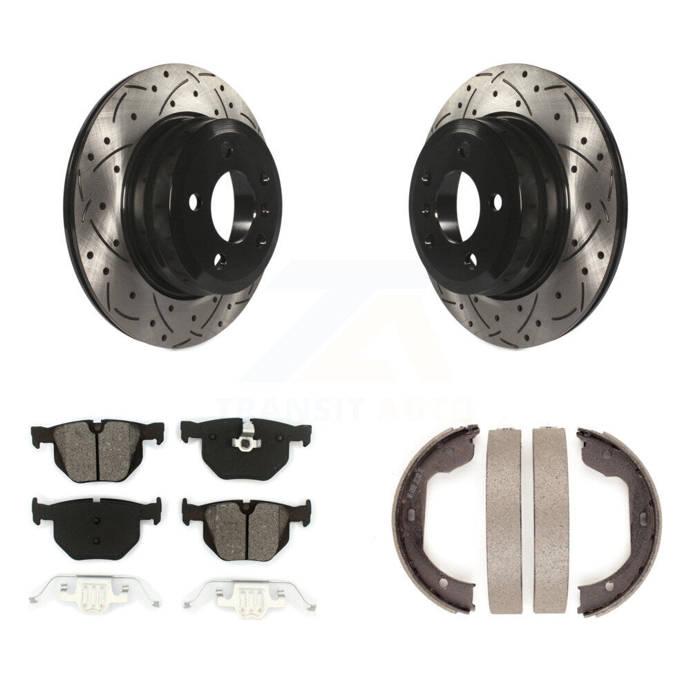 Rear Disc Drilled & Slotted Rotors Semi-Metallic Pads And Parking Shoes Kit For BMW X5 X6 KDS-101251