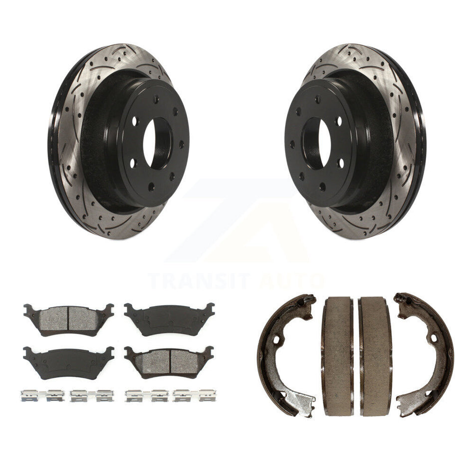 Rear Disc Drilled & Slotted Rotors Semi-Metallic Pads Parking Shoes Kit For Ford F-150 KDS-101254