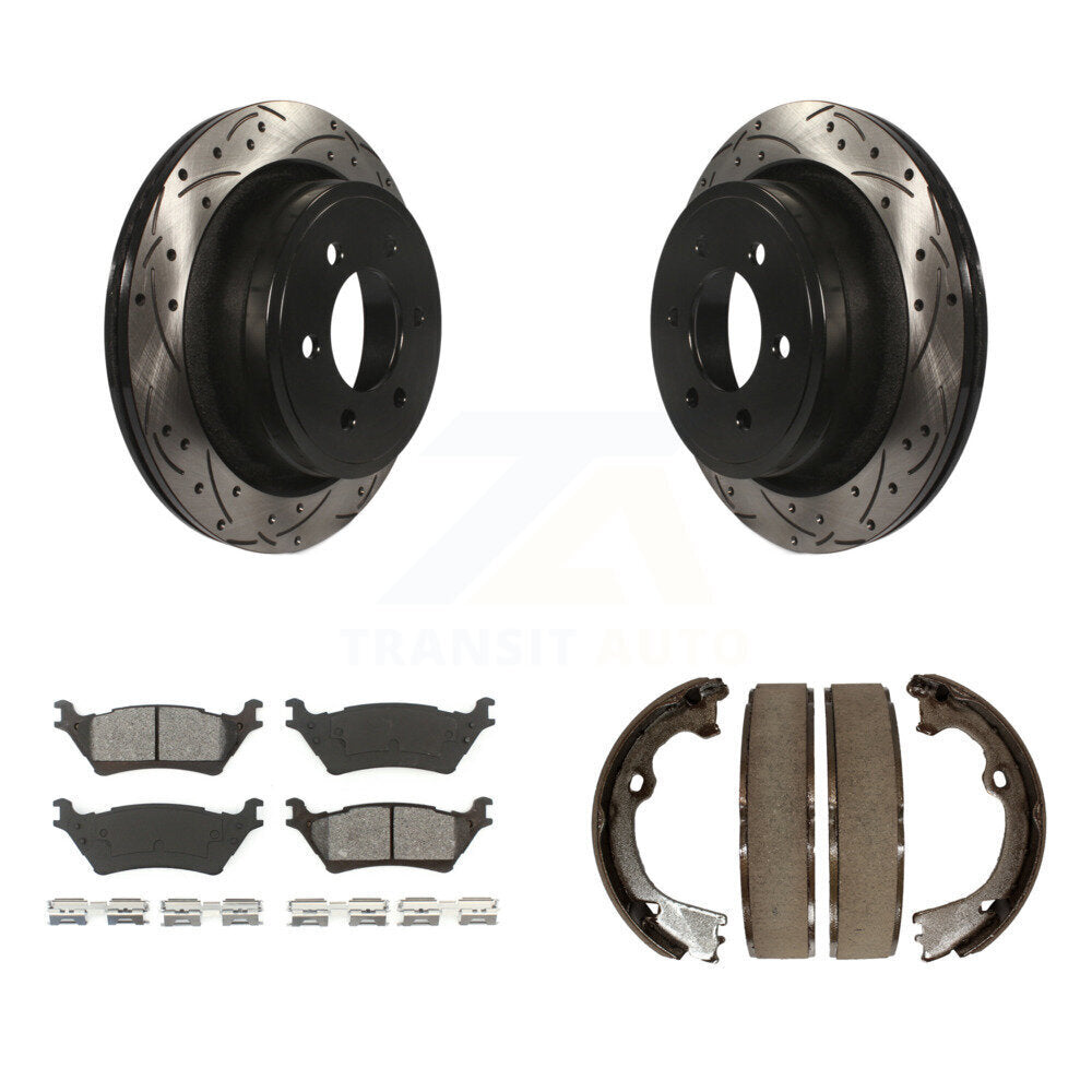 Rear Disc Drilled & Slotted Rotors Semi-Metallic Pads Parking Shoes Kit For Ford F-150 KDS-101255