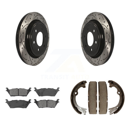 Rear Disc Drilled & Slotted Rotors Semi-Metallic Pads Parking Shoes Kit For Ford F-150 KDS-101256
