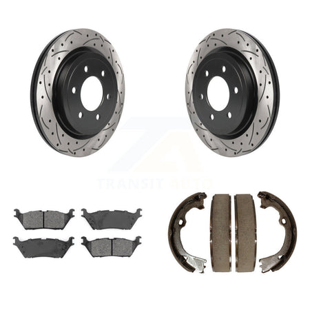 Rear Disc Drilled & Slotted Rotors Semi-Metallic Pads Parking Shoes Kit For Ford F-150 KDS-101257