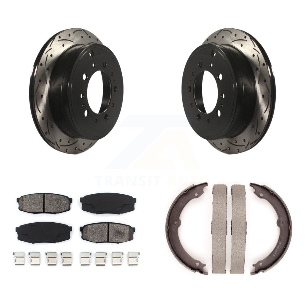 Rear Disc Drilled & Slotted Rotors Semi-Metallic Pads Parking Shoes Kit For Toyota Tundra KDS-101258