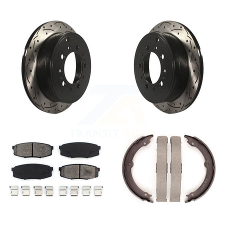 Rear Disc Drilled & Slotted Rotors Semi-Metallic Pads Parking Shoes Kit For Toyota Tundra KDS-101258