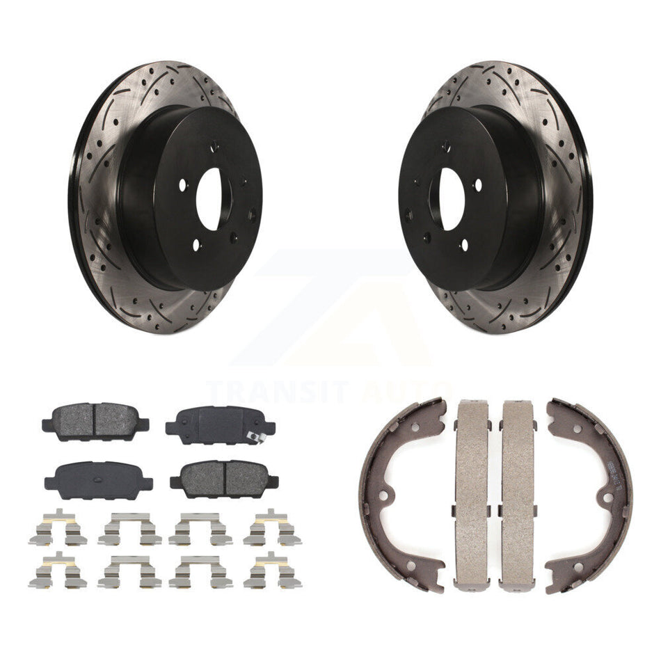 Rear Disc Drilled & Slotted Rotors Semi-Metallic Pads Parking Shoes Kit For Nissan Murano KDS-101260