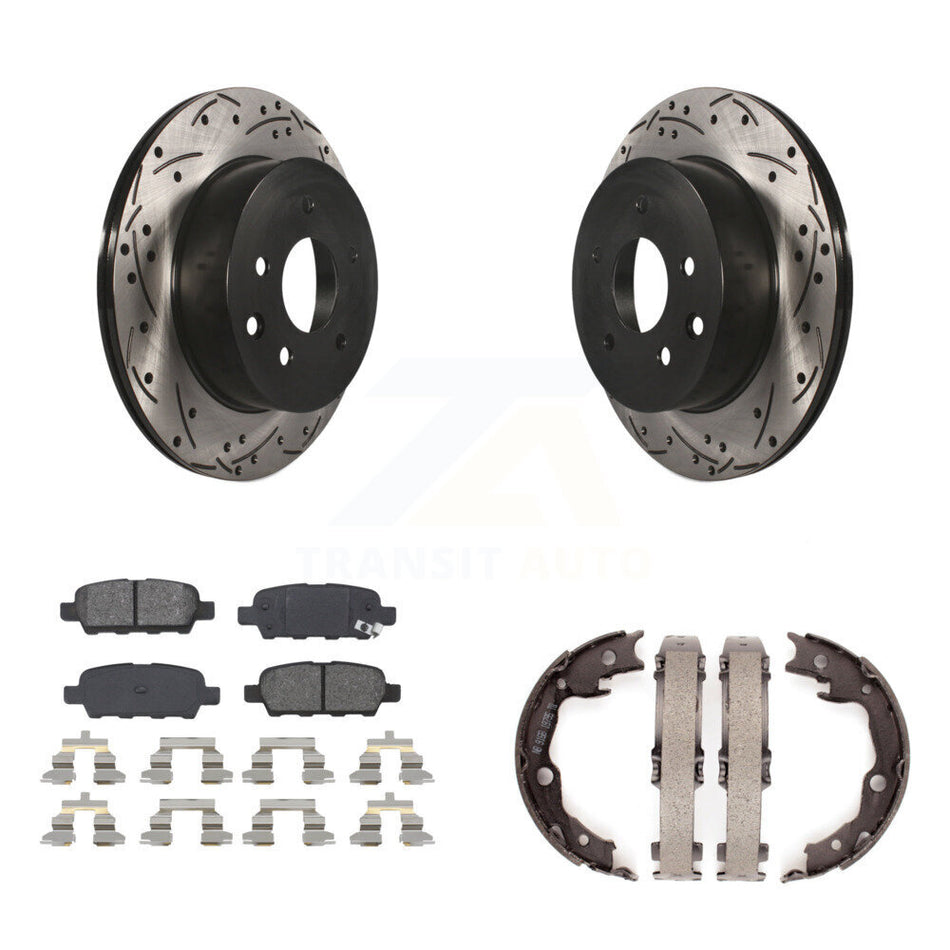 Rear Disc Drilled & Slotted Rotors Semi-Metallic Pads Parking Shoes Kit For Nissan Rogue KDS-101267