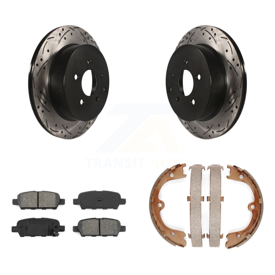 Rear Disc Drilled & Slotted Rotors Semi-Metallic Pads Parking Shoes Kit For INFINITI FX35 KDS-101278