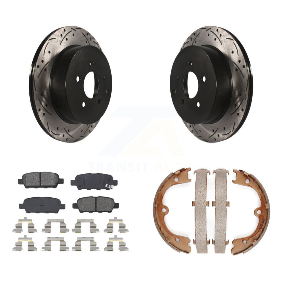 Rear Disc Drilled & Slotted Rotors Semi-Metallic Pads Parking Shoes Kit For INFINITI FX35 KDS-101278