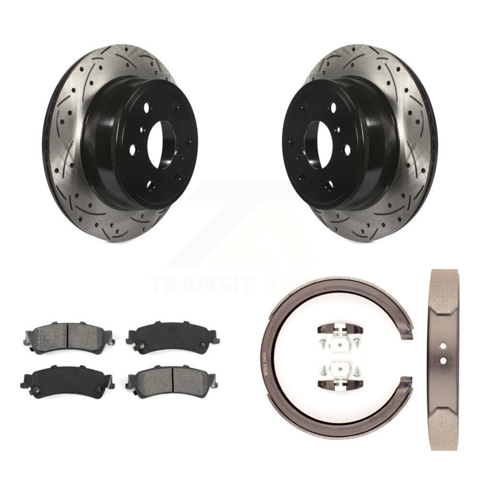 Rear Disc Drilled & Slotted Rotors Semi-Metallic Pads And Parking Brake Shoes Kit For KDS-101280