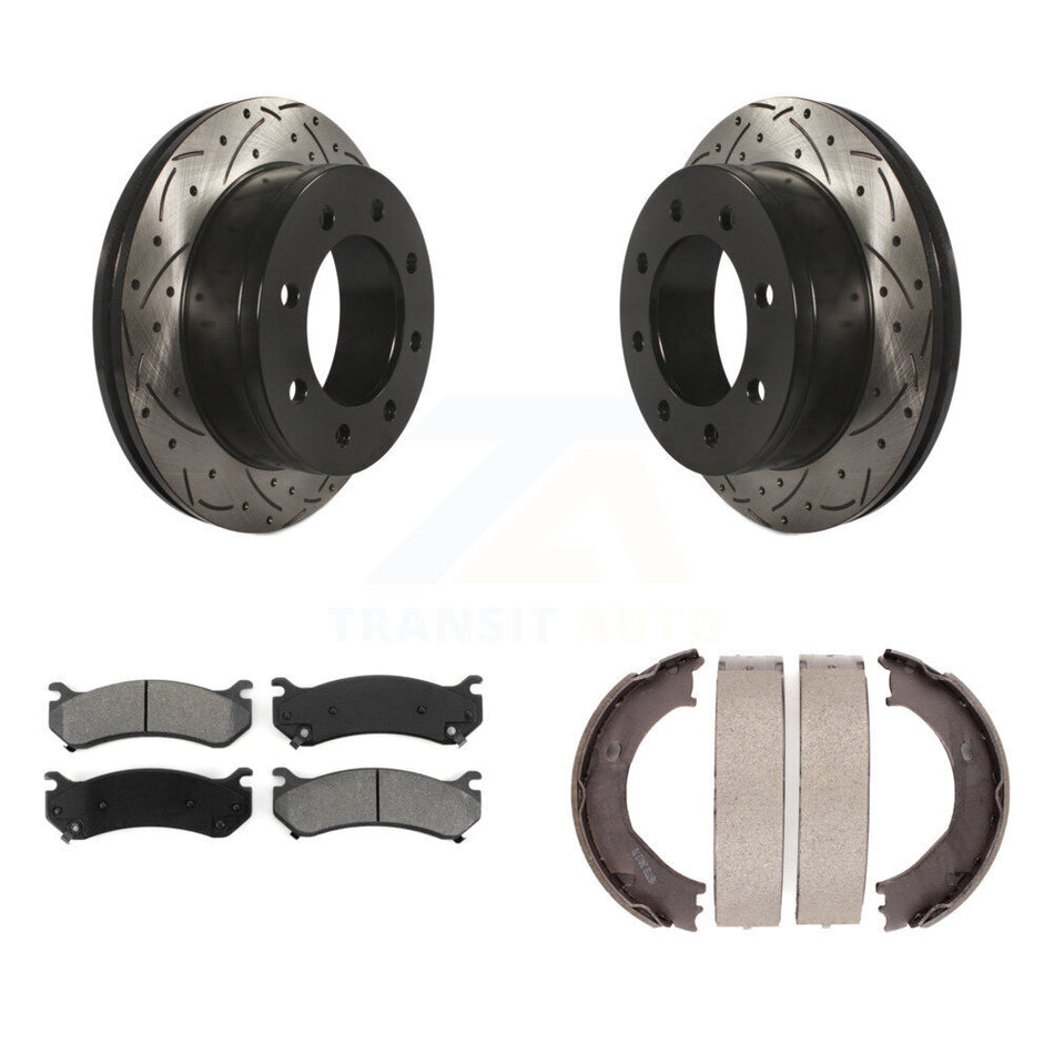 Rear Disc Drilled & Slotted Rotors Semi-Metallic Pads Parking Shoes Kit For Chevrolet GMC KDS-101282