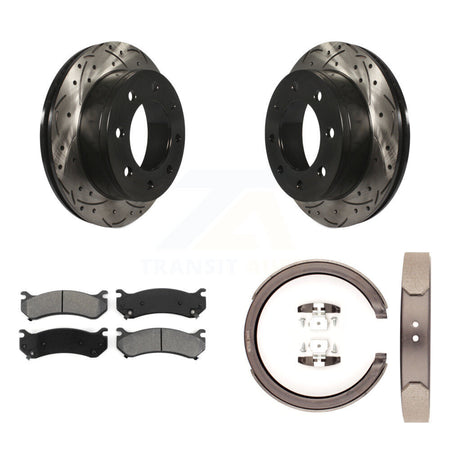 Rear Disc Drilled & Slotted Rotors Semi-Metallic Pads Parking Shoes Kit For GMC Chevrolet KDS-101283