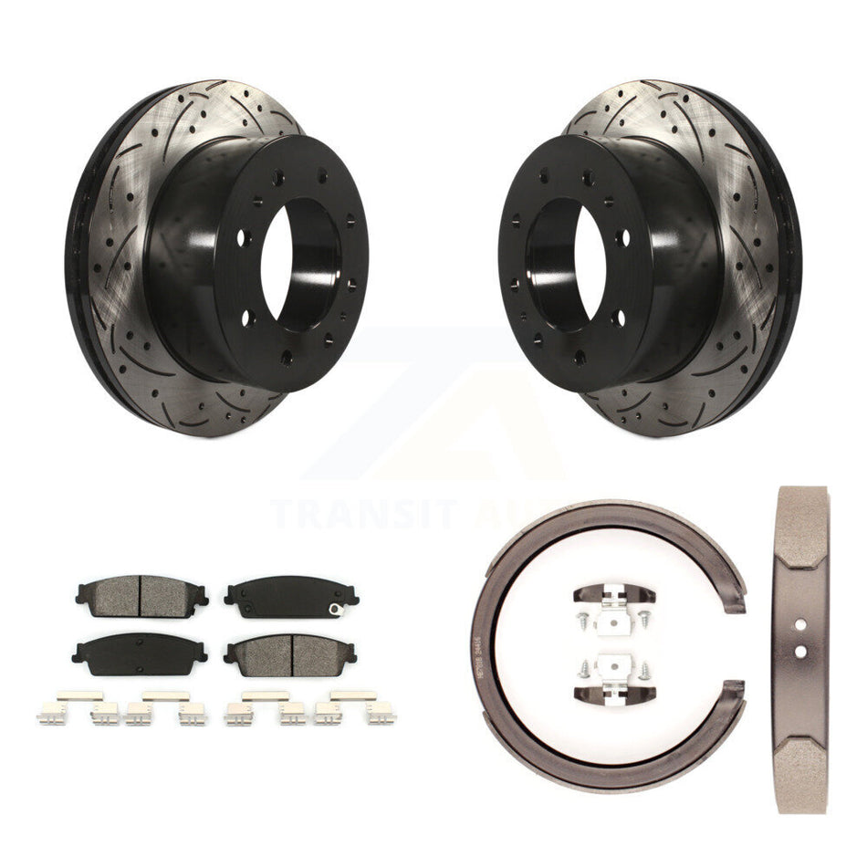 Rear Disc Drilled & Slotted Rotors Semi-Metallic Pads And Parking Brake Shoes Kit For KDS-101285