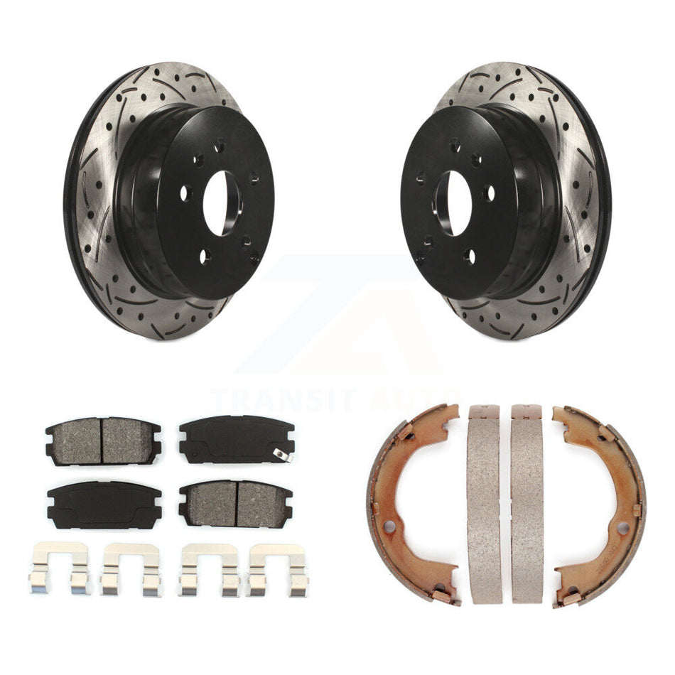 Rear Disc Drilled & Slotted Rotors Semi-Metallic Pads Parking Shoes Kit For Chevrolet GMC KDS-101286