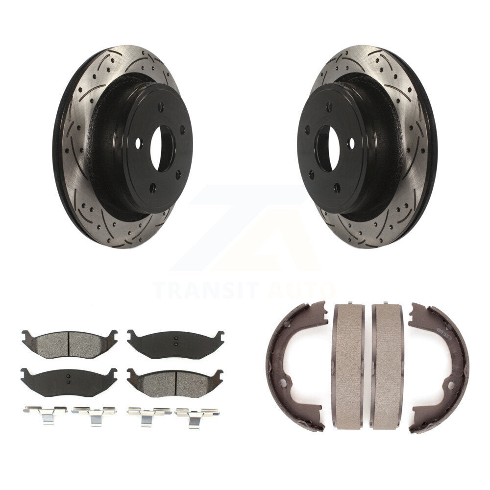 Rear Disc Drilled & Slotted Rotors Semi-Metallic Pads And Parking Shoes Kit For Ram 1500 KDS-101287
