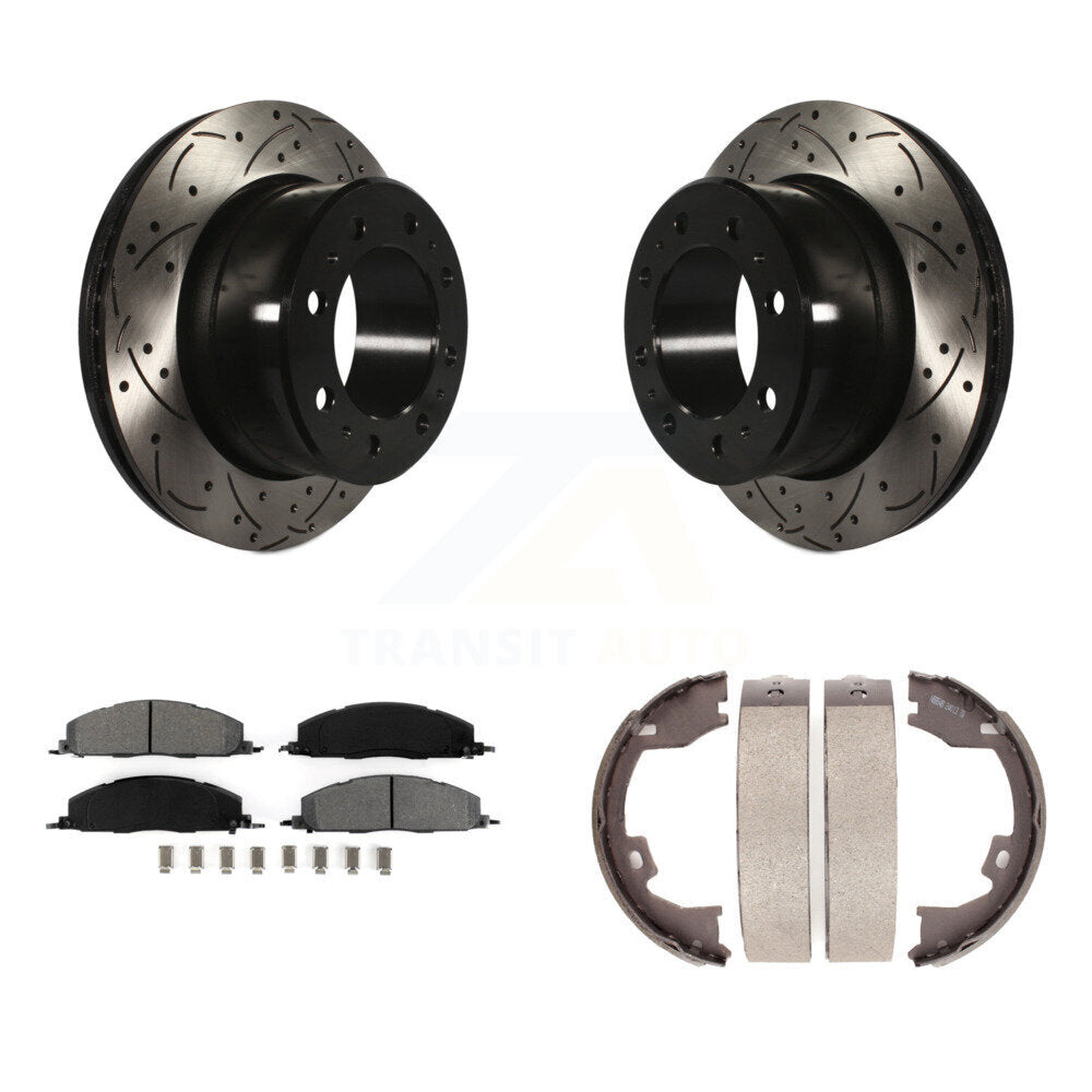 Rear Disc Drilled & Slotted Rotors Semi-Metallic Pads Parking Shoes Kit For Ram 3500 2500 KDS-101288