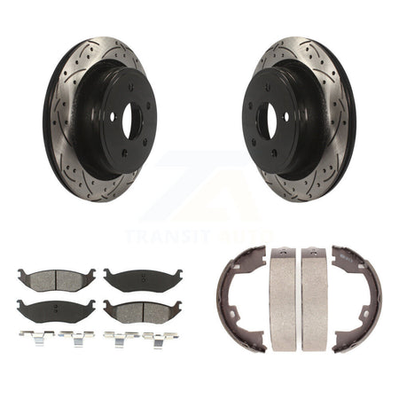 Rear Disc Drilled & Slotted Rotors Semi-Metallic Pads And Parking Brake Shoes Kit For KDS-101289