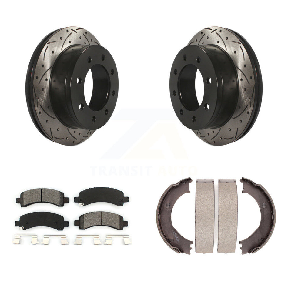 Rear Disc Drilled & Slotted Rotors Semi-Metallic Pads Parking Shoes Kit For Chevrolet GMC KDS-101292