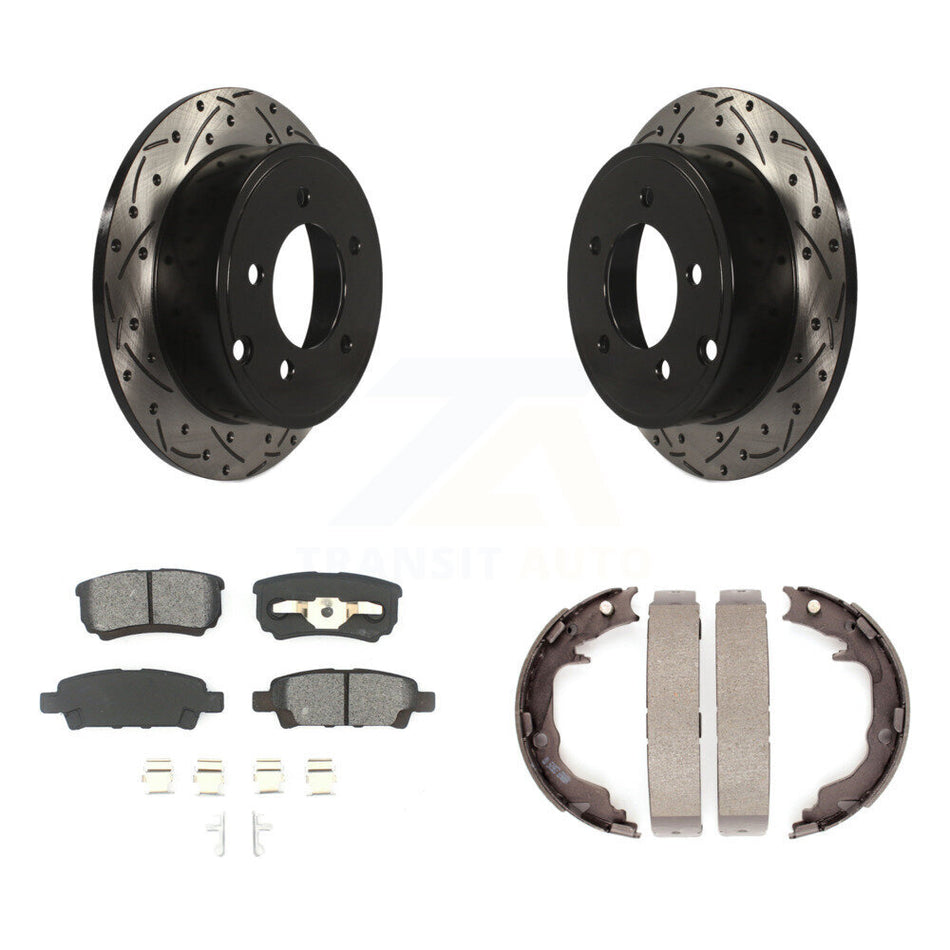Rear Disc Drilled & Slotted Rotors Semi-Metallic Pads Parking Shoes Kit For Jeep Patriot KDS-101297
