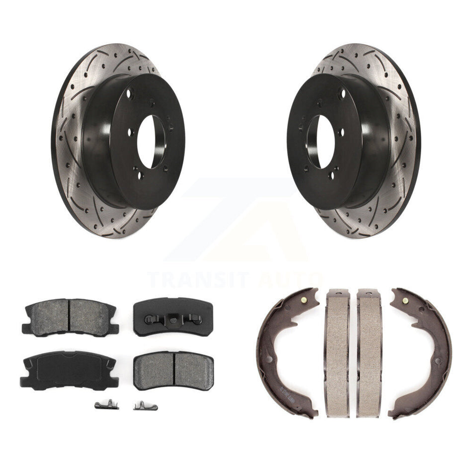 Rear Disc Drilled & Slotted Rotors Semi-Metallic Pads Parking Shoes Kit For Mitsubishi KDS-101298