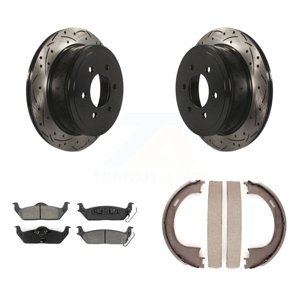 Rear Disc Drilled & Slotted Rotors Semi-Metallic Pads Parking Shoes Kit For Ford F-150 LT KDS-101301