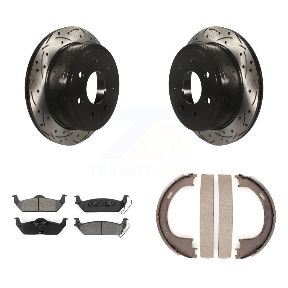 Rear Disc Drilled & Slotted Rotors Semi-Metallic Pads Parking Shoes Kit For Ford F-150 LT KDS-101302