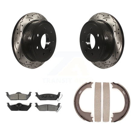 Rear Disc Drilled & Slotted Rotors Semi-Metallic Pads Parking Shoes Kit For Ford F-150 LT KDS-101302