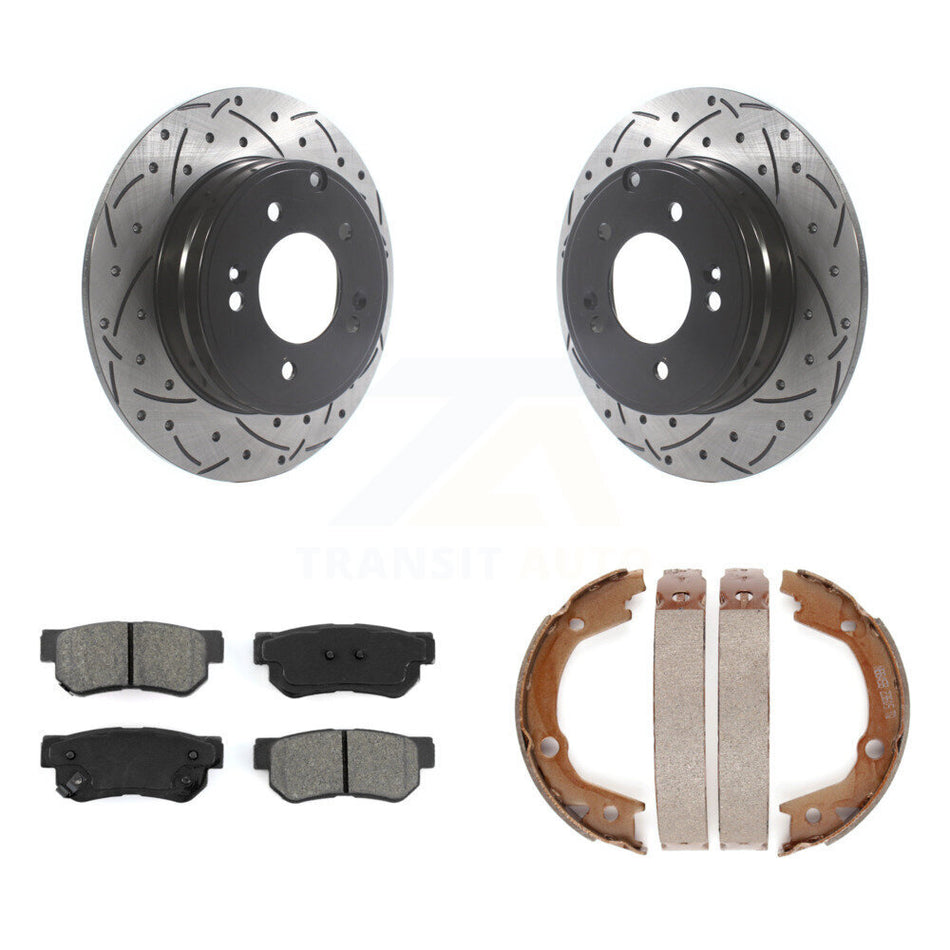 Rear Disc Drilled & Slotted Rotors Semi-Metallic Pads And Parking Brake Shoes Kit For KDS-101305
