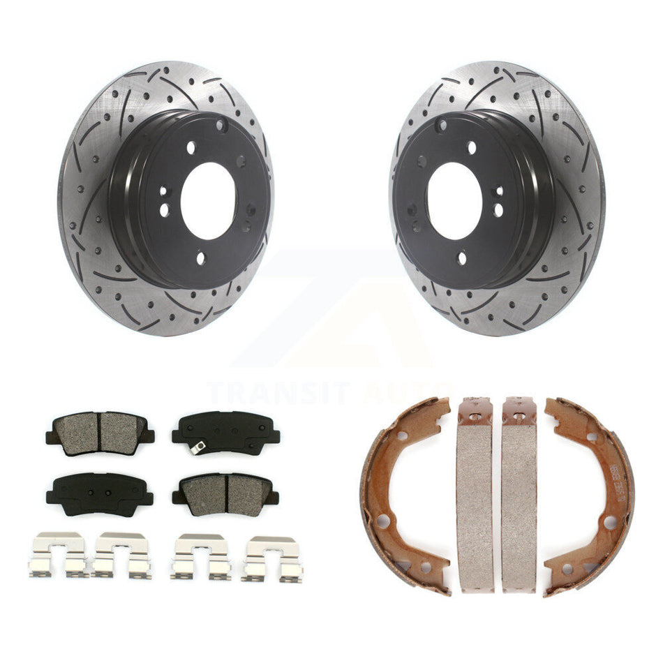 Rear Disc Drilled & Slotted Rotors Semi-Metallic Pads And Parking Brake Shoes Kit For KDS-101306