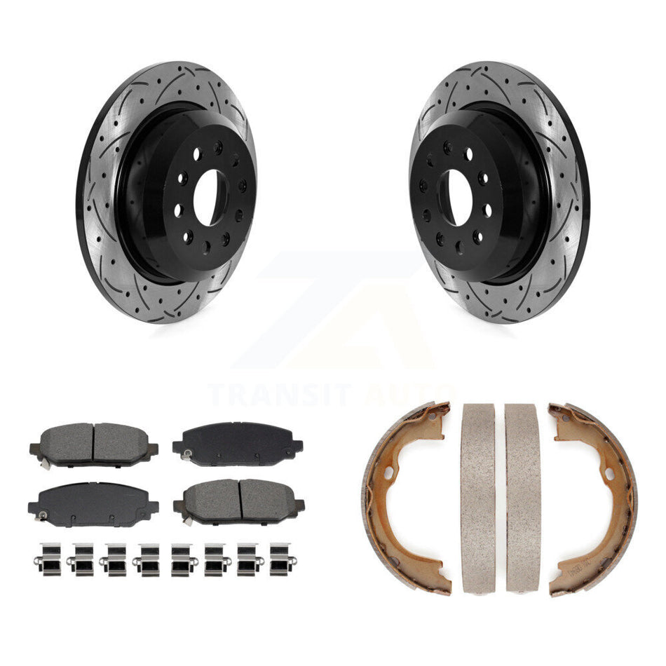 Rear Disc Drilled & Slotted Rotors Semi-Metallic Pads Parking Shoes Kit For Jeep Wrangler KDS-101309