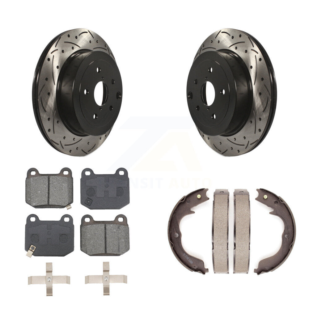 Rear Disc Drilled & Slotted Rotors Semi-Metallic Pads And Parking Brake Shoes Kit For KDS-101315