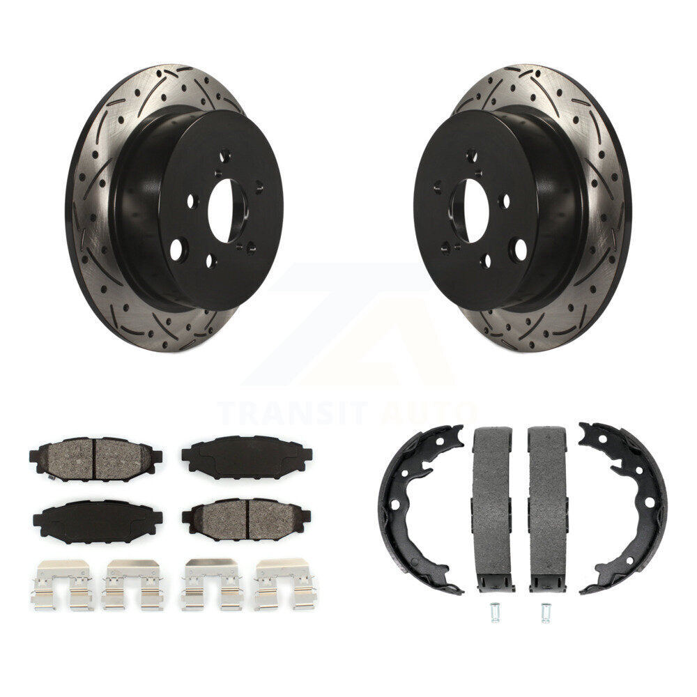 Rear Disc Drilled & Slotted Rotors Semi-Metallic Pads And Parking Shoes Kit For Subaru XV KDS-101316