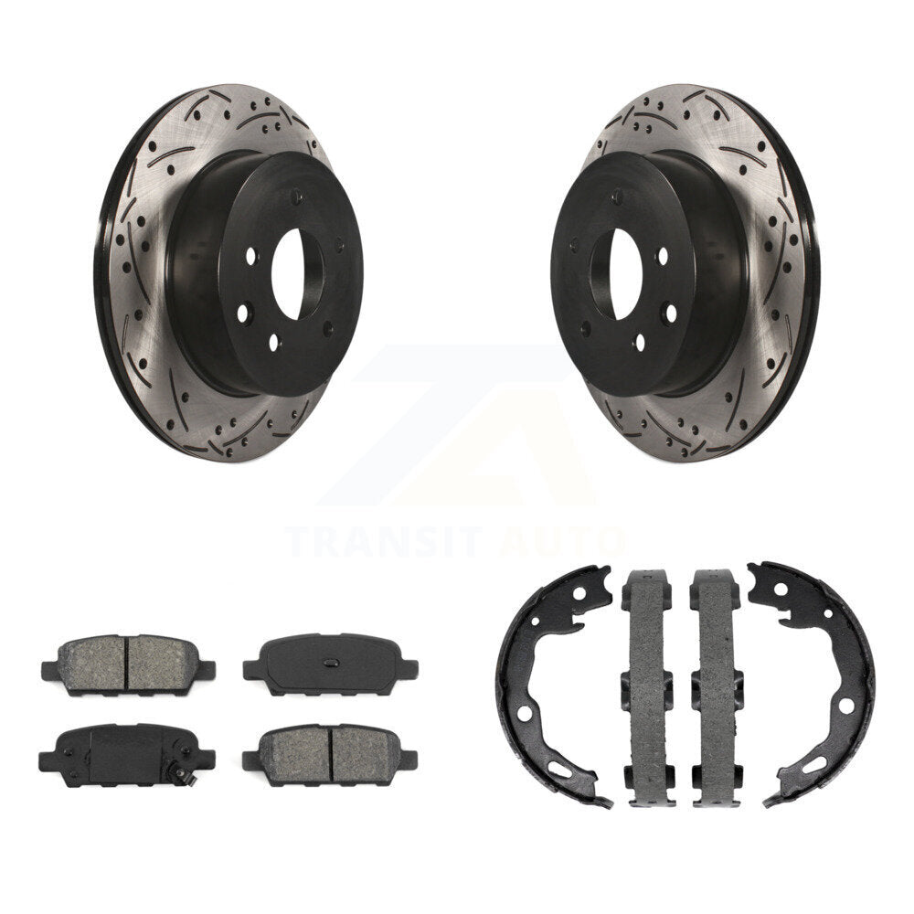 Rear Disc Drilled & Slotted Rotors Semi-Metallic Pads Parking Shoes Kit For Nissan Rogue KDS-101318