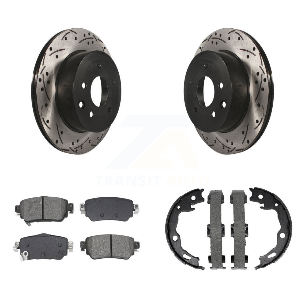 Rear Disc Drilled & Slotted Rotors Semi-Metallic Pads And Parking Brake Shoes Kit For KDS-101319