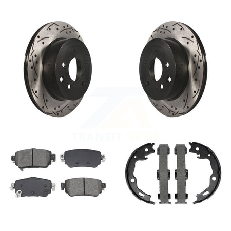 Rear Disc Drilled & Slotted Rotors Semi-Metallic Pads And Parking Brake Shoes Kit For KDS-101319