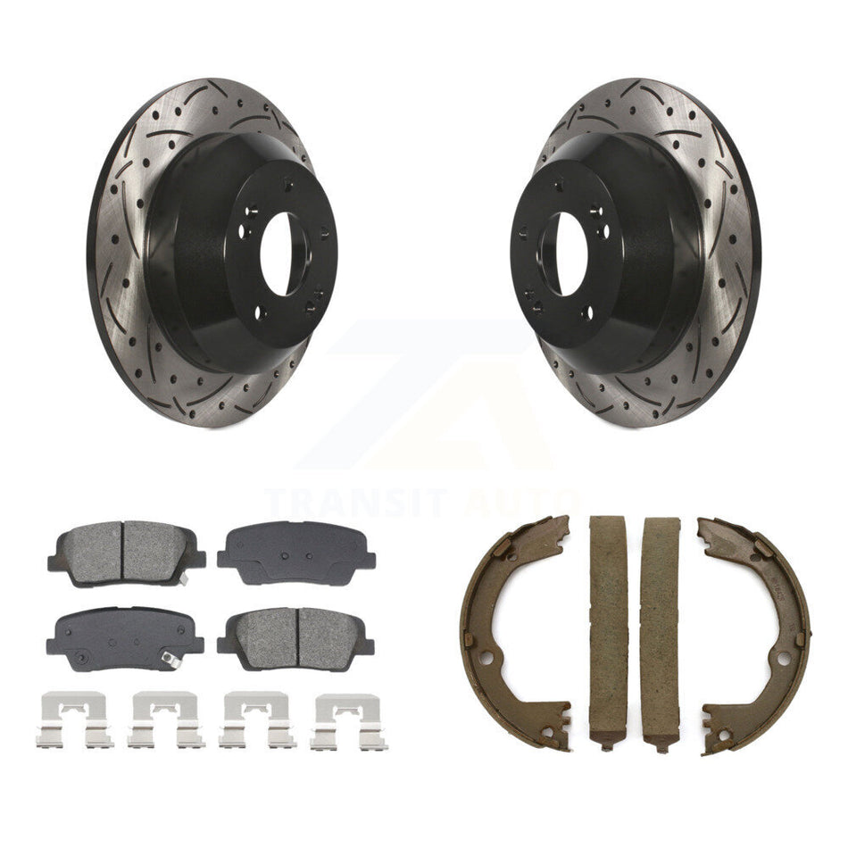 Rear Disc Drilled & Slotted Rotors Semi-Metallic Pads Parking Shoes Kit For Hyundai Santa KDS-101321