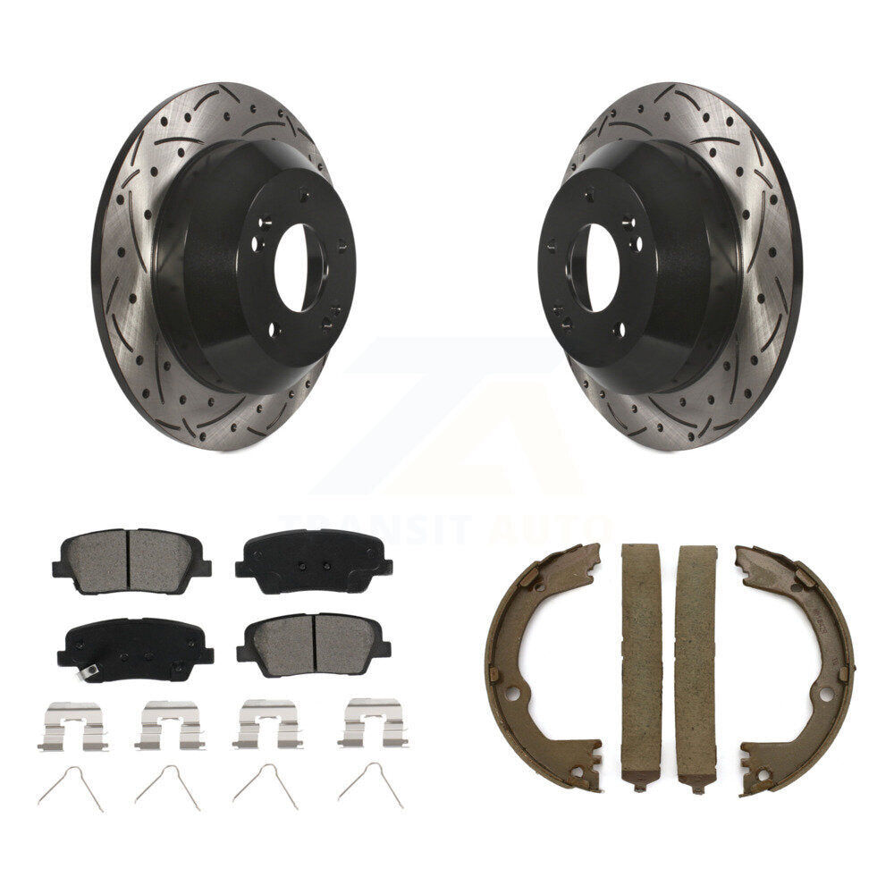 Rear Disc Drilled & Slotted Rotors Semi-Metallic Pads Parking Shoes Kit For Hyundai Santa KDS-101323