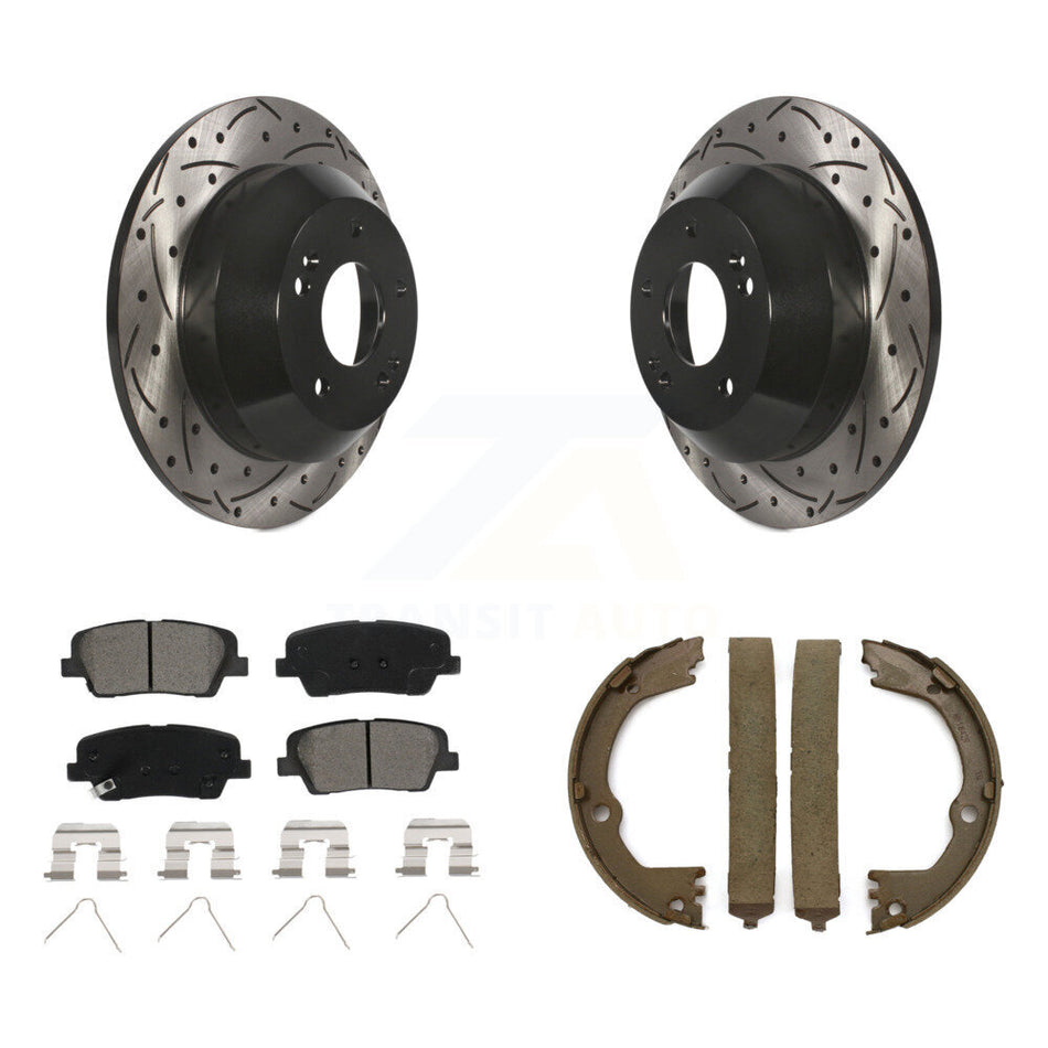 Rear Disc Drilled & Slotted Rotors Semi-Metallic Pads Parking Shoes Kit For Hyundai Santa KDS-101323