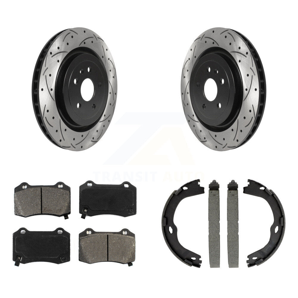 Rear Disc Drilled & Slotted Rotors Semi-Metallic Pads Parking Shoes Kit For Chevrolet CTS KDS-101324