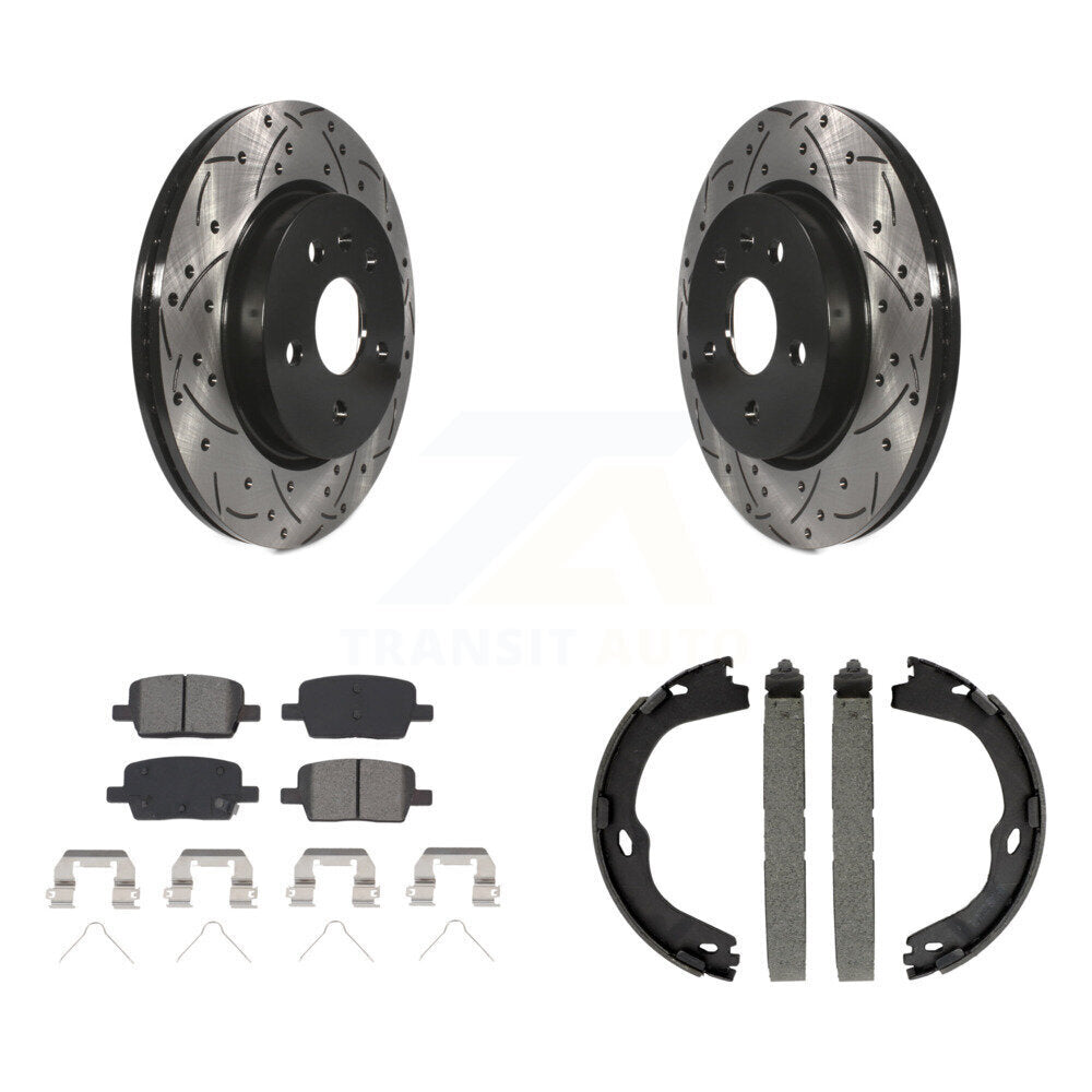 Rear Disc Drilled & Slotted Rotors Semi-Metallic Pads And Parking Brake Shoes Kit For KDS-101325