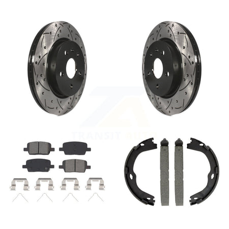 Rear Disc Drilled & Slotted Rotors Semi-Metallic Pads And Parking Brake Shoes Kit For KDS-101325