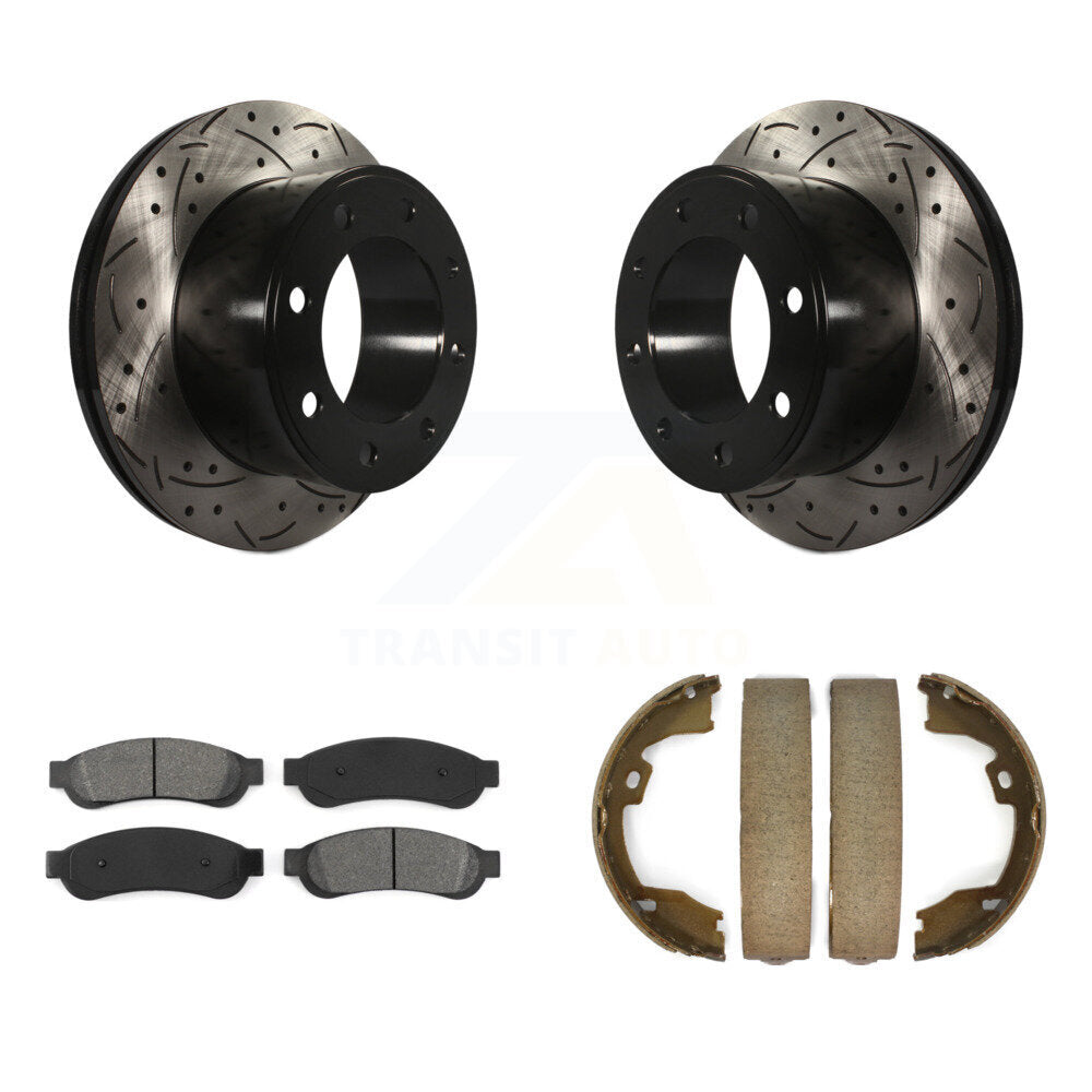 Rear Disc Drilled & Slotted Rotors Semi-Metallic Pads Parking Shoes Kit For Ford F-350 KDS-101326