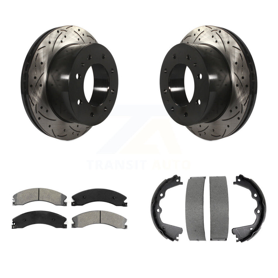 Rear Disc Drilled & Slotted Rotors Semi-Metallic Pads Parking Shoes Kit For GMC Sierra HD KDS-101327