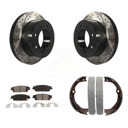 Rear Disc Drilled & Slotted Rotors Semi-Metallic Pads And Parking Brake Shoes Kit For KDS-101330