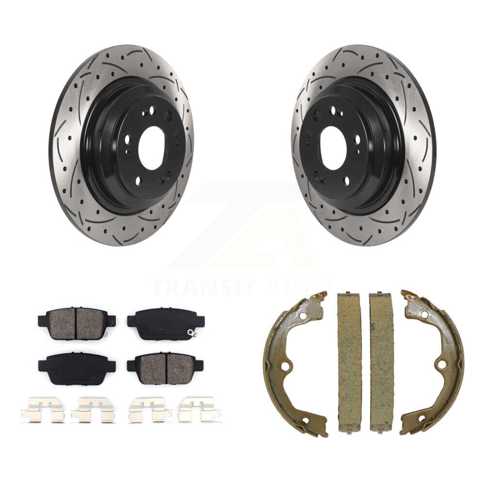 Rear Disc Drilled & Slotted Rotors Semi-Metallic Pads And Parking Shoes Kit For Acura TL KDS-101332