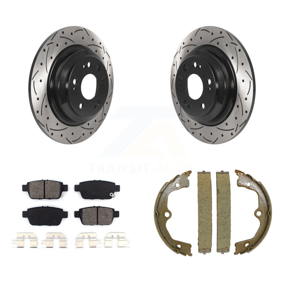 Rear Disc Drilled & Slotted Rotors Semi-Metallic Pads And Parking Shoes Kit For Acura TL KDS-101332
